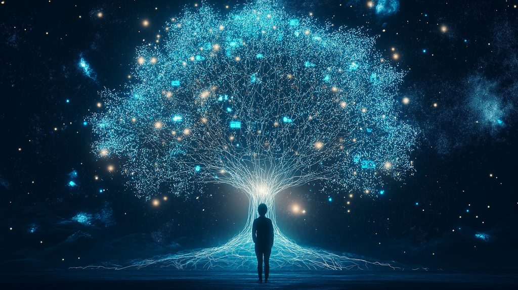 QuickTech Tree of Knowledge: A person gazes up at a digital tree, its branches interwoven with data, representing knowledge and connectivity in a futuristic setting.